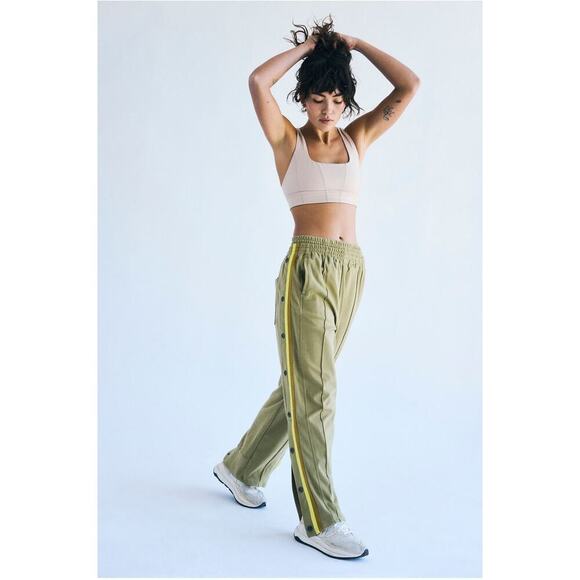 Free People Movement Large Baby Got Track Snap Pants in Olive with Yellow Stripe - Picture 1 of 12